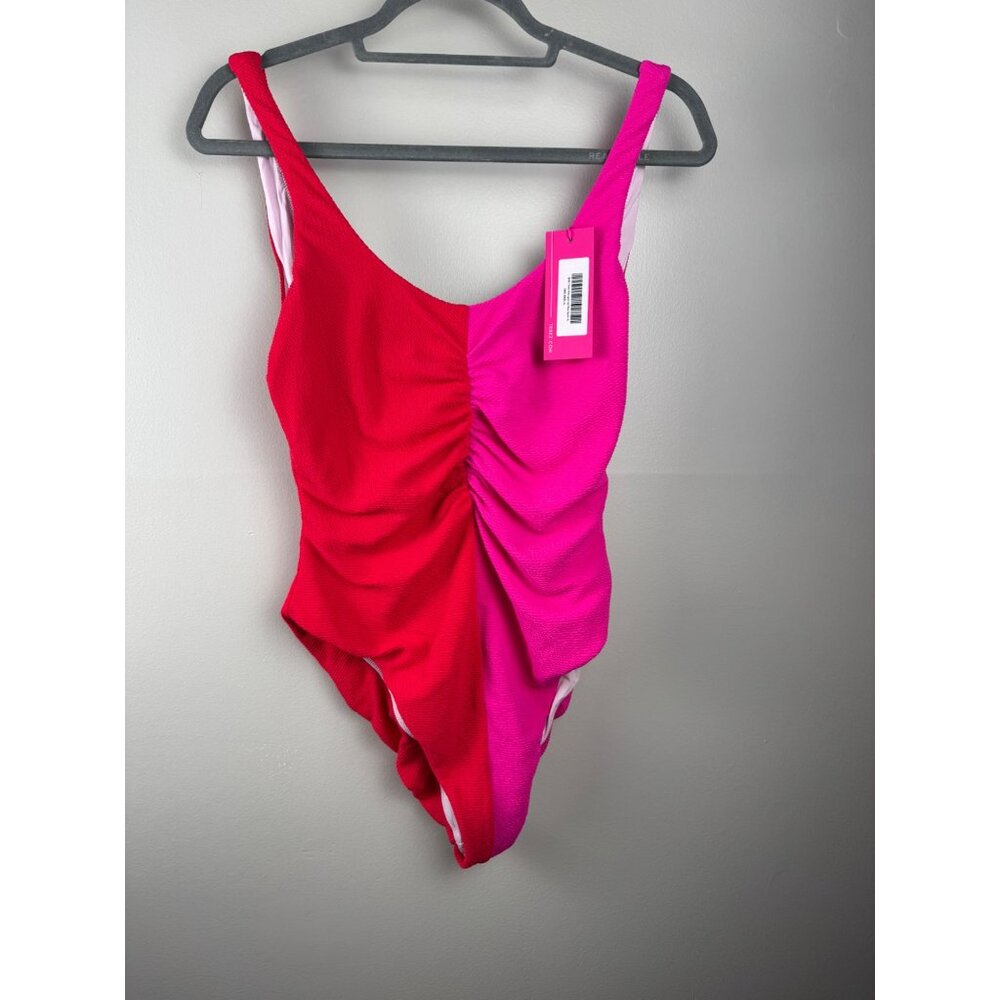 Terez Pink Red One Piece Swimsuit Stretch Textured Size XL NWT Ruched $184 - Picture 3 of 4